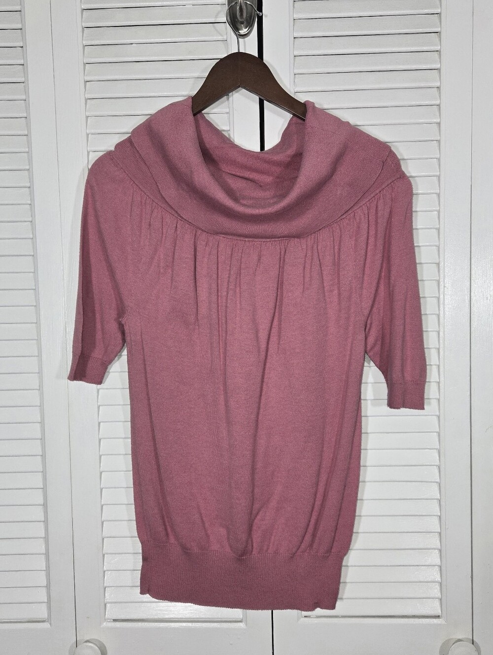 Axces Sz Rose Pink Fine Knit Cowl Neck Elbow Length Rib Neck Waist Sz M
